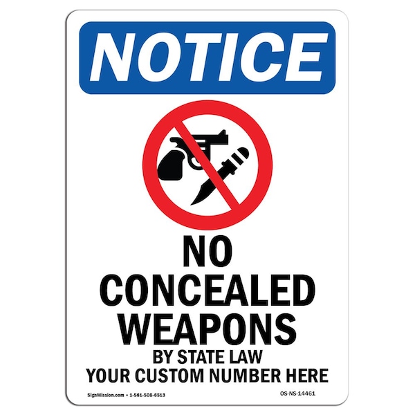 Sign, 5" H, 3.5" W, No Concealed Weapons Sign, Portrait, NS-D-35-V-14461-10PK